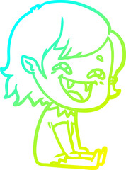 cold gradient line drawing of a cartoon laughing vampire girl