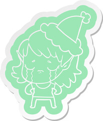quirky cartoon  sticker of a crying elf girl wearing santa hat