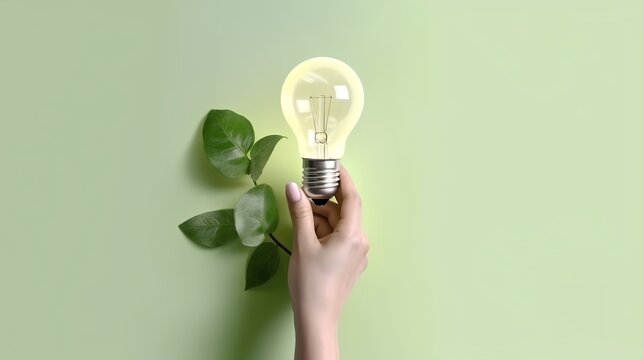 A hand holding a light bulb with green leaves against a clean background. This image illustrates the concept of eco-friendly innovation and sustainable energy solutions. Generative AI