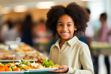 Happy elementary school girl having a healthy lunch and smiling at table in school cafeteria. Generative AI