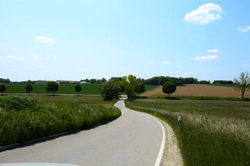 Country road with blue sky, clouds and trees in the Dachau hinterland, Bavaria, near Munich