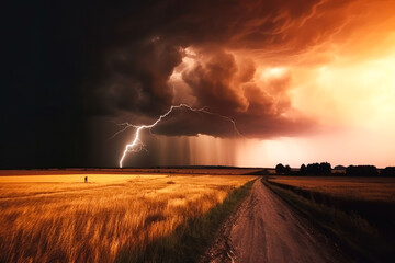 Obraz na płótnie Canvas Storm with heavy lightning and wind over the fields, undergoing thunderstorm , very dramatic scene. Generative AI