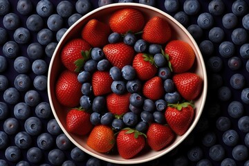 bowl of strawberries and blueberries, food art. Generative AI