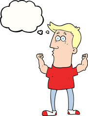 freehand drawn thought bubble cartoon surprised man flexing biceps