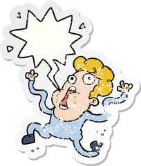 cartoon terrified man with speech bubble distressed distressed old sticker