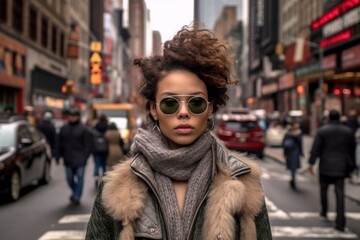 Obraz premium street photo portrait of a young beautiful woman in New York, ai tools generated image