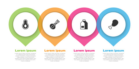 Set Avocado fruit, Onion, Paper package for milk and Chicken leg. Business infographic template. Vector