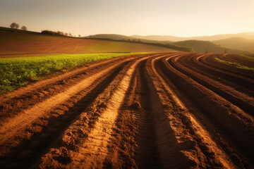 Fototapeta na wymiar Smoothed and formed the soil after plow and seed in countryside landscapes during late afternoon with soft golden light, Generative AI