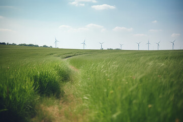 Fototapeta na wymiar flat grassy field with windmills in the far background made with Generative AI