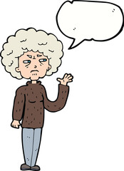 cartoon annoyed old woman waving with speech bubble