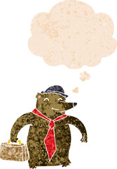 cartoon business bear with thought bubble in grunge distressed retro textured style