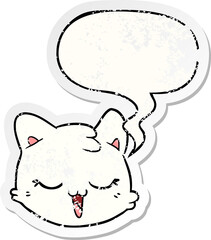 cartoon cat face with speech bubble distressed distressed old sticker