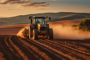 tractor with Roller, Smoothing and firming the soil after plowing or seeding in rolling countryside landscapes during late afternoon with soft golden light, Generative AI