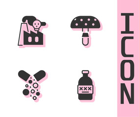 Set Poisoned alcohol, Smoke from factory, pill and Fly agaric mushroom icon. Vector