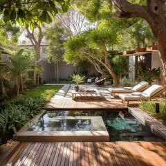 Fototapeta premium The backyard area of the house is spacious and equipped with a small swimming pool. Has a beautiful landscape and mature trees. Bright sunlight during the day.