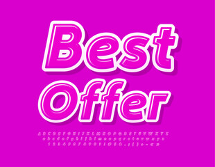 Vector promo banner Best Offer.  Pink Glossy Font. Bright Alphabet Letters, Numbers and Symbols set