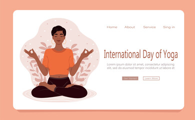 Elderly woman with closed eyes meditating in yoga lotus posture. International Day of Yoga. Web page template. Stress Awareness Month. Mental Health Awareness Month.