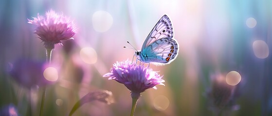 Obraz na płótnie Canvas Butterfly on clover flower in spring in summer in rays of transparent violet light, soft focus macro. Aerial refined subtle gentle exquisite artistic image beauty of nature