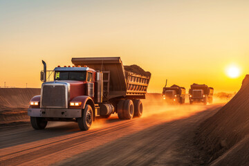 fleet of Dump Trucks working on a massive construction project at sunrise, hauling dirt and gravel to and from the site, Generative AI