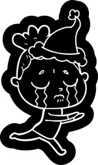 quirky cartoon icon of a crying woman wearing santa hat