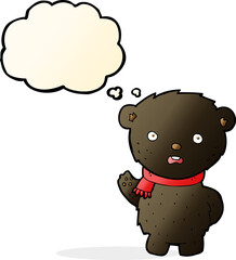 cartoon black bear wearing scarf with thought bubble