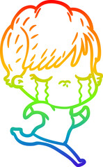 rainbow gradient line drawing of a cartoon woman crying