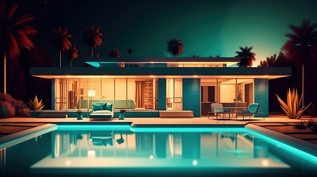 Modern villa with multiple lights and sun loungers in asprovalta . Generative Ai
