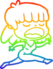 rainbow gradient line drawing of a cartoon woman talking loudly