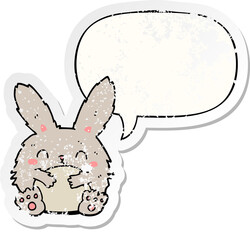 cute cartoon rabbit with speech bubble distressed distressed old sticker