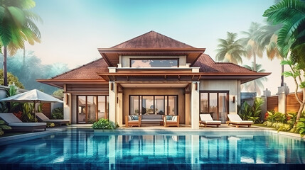 Home or house building Exterior and interior design showing tropical pool. Generative Ai