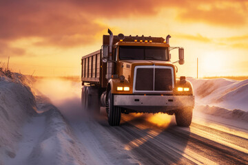Dump Truck driving through the snow at sunset, delivering material to a remote job site, Generative AI