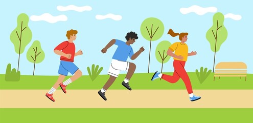 Cartoon people running. Athletes go jogging in nature, city park, outdoor fitness, cross country marathon, healthy lifestyle, vector concept