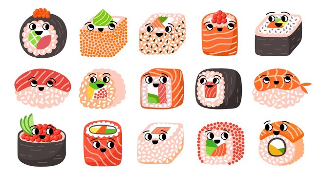 Funny cartoon rolls characters. Cute kawaii sushi, japanese cuisine elements, asian traditional food, rice, fish in nori algae, vector set