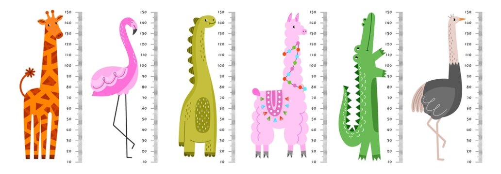 Kids cute growth rulers. Funny exotic animals, child height measuring, cartoon dinosaur, giraffe, ostrich, crocodile and llama, vector set
