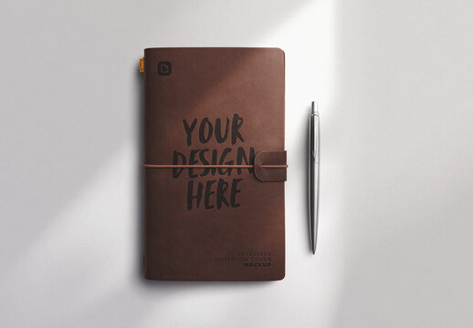 Traveler’s Notebook Leather Cover Mockup with Pen