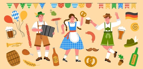 Happy people and holiday elements. Oktoberfest beer party objects, cute dancing boys and girls in traditional bavarian costumes, vector set