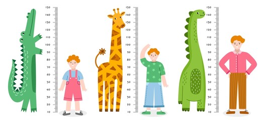 Little boy measures height. Growth lines with funny animals, gradual child maturation, cute crocodile, giraffe and dinosaur, vector poster