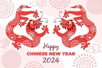 Patterned red dragons poster. Chinese new year symbols, traditional asian ornaments, decorative mythical animals and elements, vector card