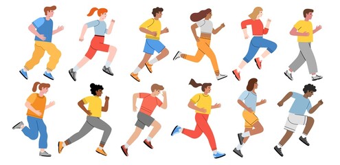 Running men and women. Cartoon people participate in marathon, athletes compete, sportive persons, fitness characters, jogging, vector set