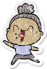 distressed sticker of a cartoon happy old woman