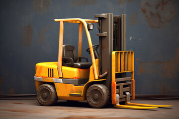Fototapeta na wymiar yellow forklift illustration on the background of a blue old torn wall, Generative AI