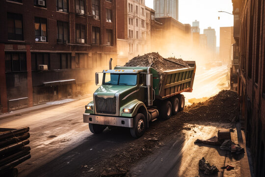 Dump Truck hauling debris away from a demolition site, in the morning light of an urban environment, Generative AI