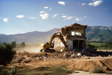 Fototapeta premium demolition shear deconstructs an old building or structure. with a natural landscape in background. Clear blue skies with clouds in Late morning, Generative AI