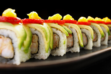 avocado and shrimp sushi roll with a hint of strawberry