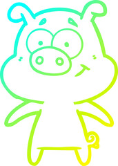cold gradient line drawing of a happy cartoon pig