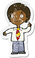 retro distressed sticker of a cartoon school boy answering question