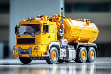 yellow toy cement mixer truck on blurred background, Generative AI