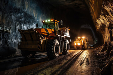 Plakat underground loader works in a mine tunnel. Dusty and humid with low light, Generative AI