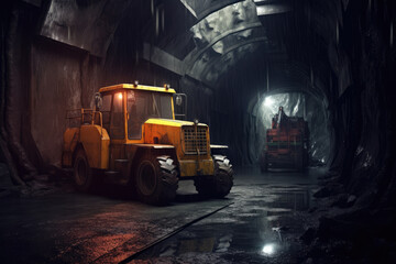 yellow Underground loader works in tunnel, illustration, Generative AI