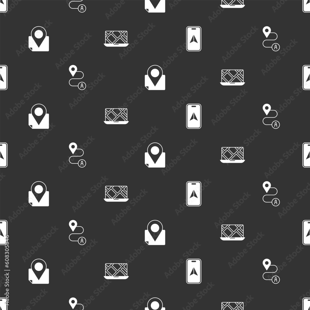 Poster set city map navigation, route location, folded with marker and on seamless pattern. vector